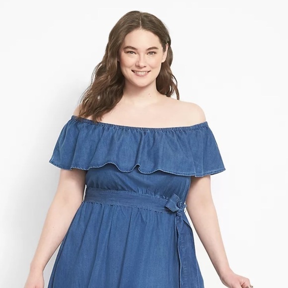 NWT Lane Bryant Convertible Off-The-Shoulder Chambray Fit & Flare Dress - Picture 2 of 10